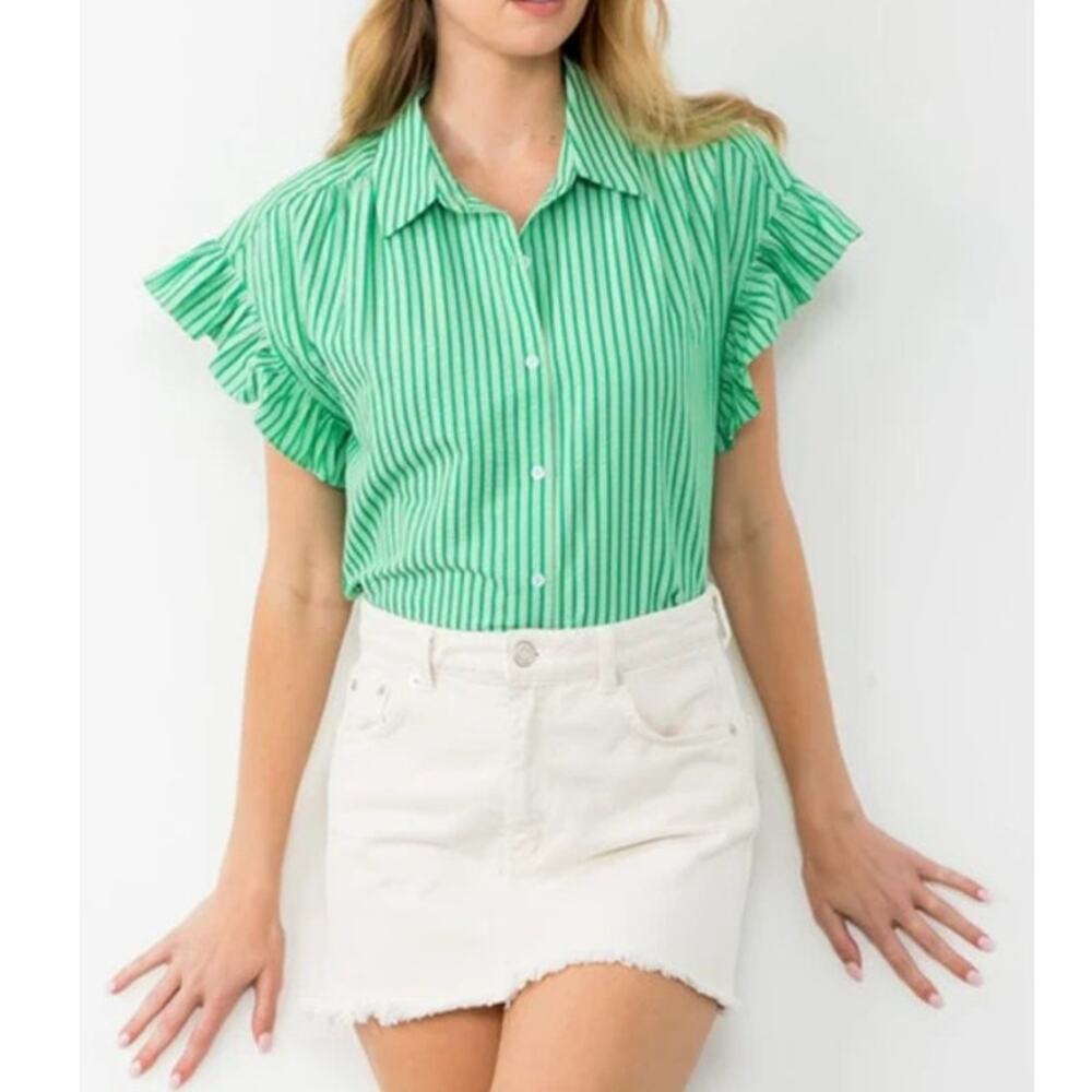 THML Abby Ruffled Blouse Green and White Stripes Sleeveless Button Up Women's M